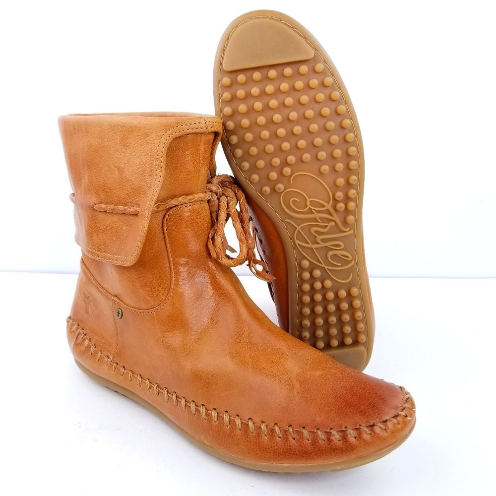 Frye Reba Cuff Short Womens 7M Cognac Brown Leather Rope Tie Ankle Moccasin Boot